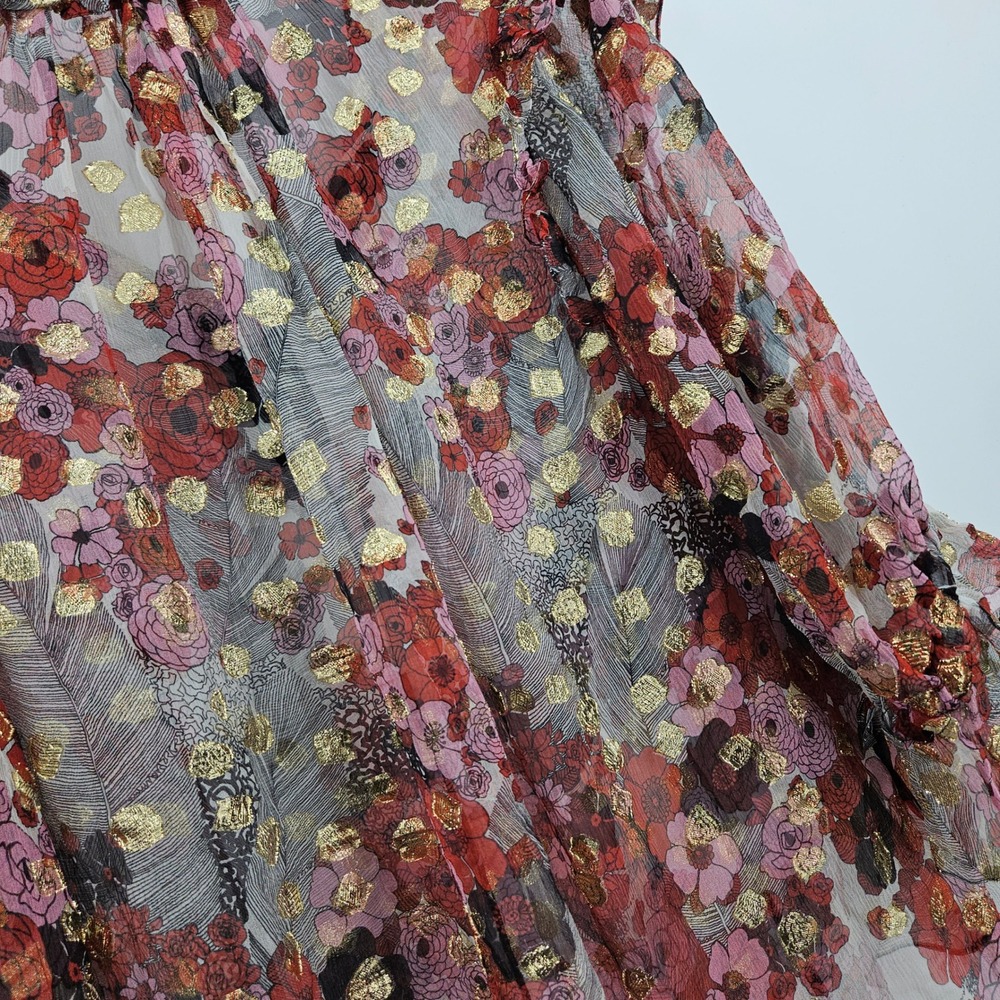 Alexander McQueen Silk Sheer Floral Blouse Maroon Gold Metallic Ruffle Peasant - Picture 10 of 11